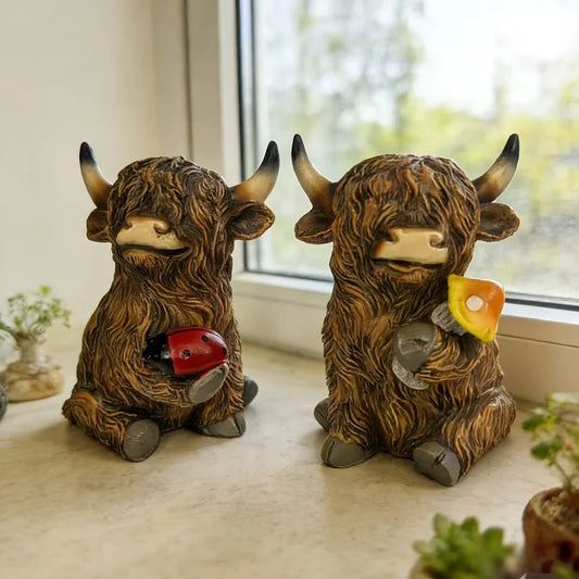 2Highland Cow Figurine Set，Cute Scottish Highland Cow Sculpture with Ladybug and Mushroom，Resin farm animal decorations
