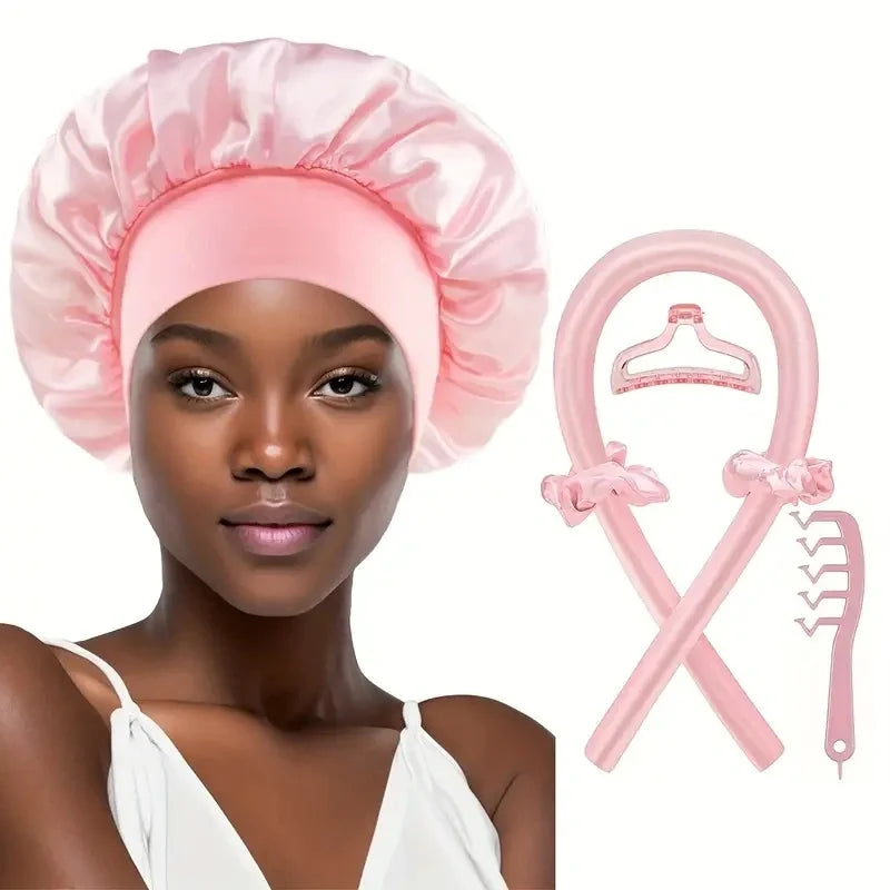 6Pcs Women No-Heat Curly Hair Stick Satin Sleep Cap Set Hair Clip and Ring Comb Sponge Hair Curler Suitable for All Hair Types