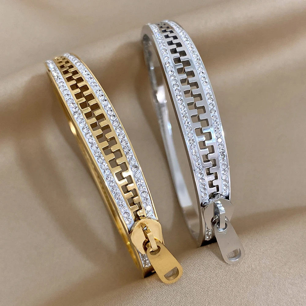 AENSOA Luxurious Zipper Style Stainless Steel Waterproof Rust Resistant Bracelets Inlaid Rhinestone Gold Plated Bracelet Bangles