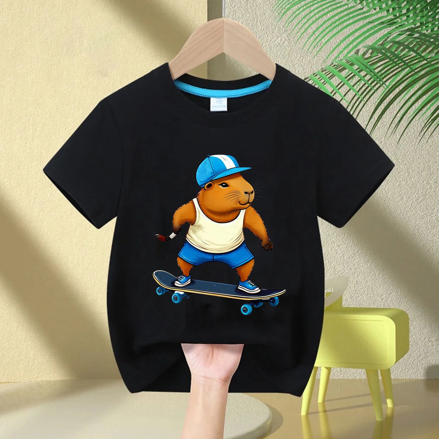 Cute Capybara Loves Bubble Tea print kids T-Shirt summer children's pure cotton short-sleeved casual tops boys and girls gifts