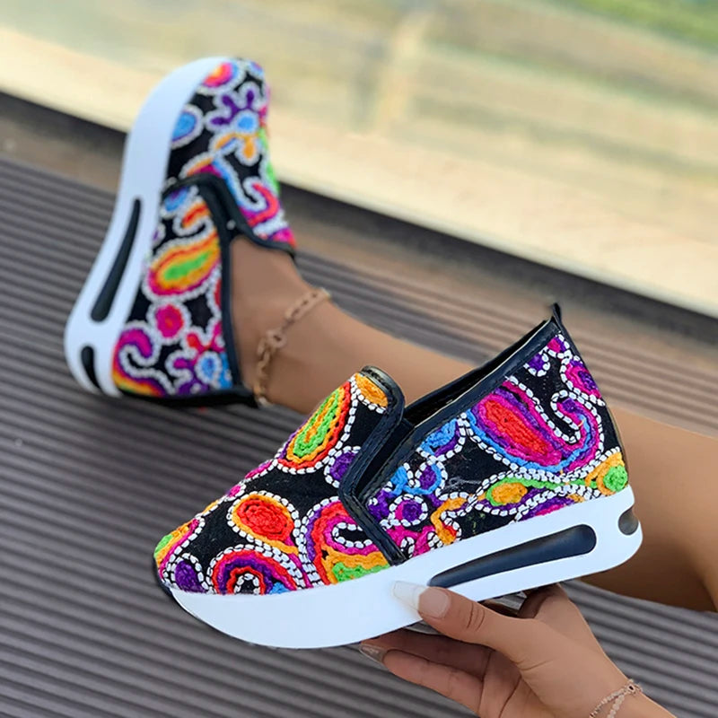 Rainbow Embroidered Platform Loafers for Women Summer Breathable Mesh Sneakers Woman Plus Size Lightweight Slip On Casual Shoes