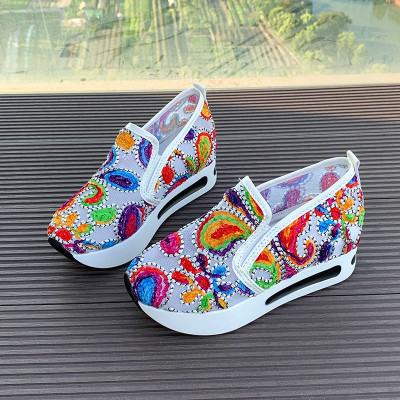 Rainbow Embroidered Platform Loafers for Women Summer Breathable Mesh Sneakers Woman Plus Size Lightweight Slip On Casual Shoes