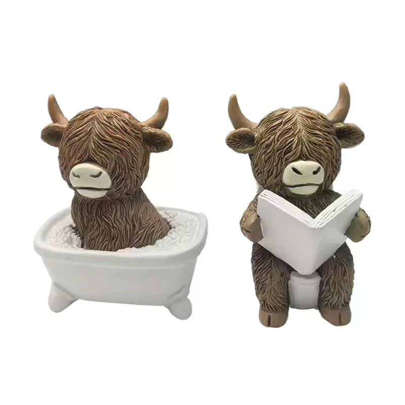 Cute Scottish Highland Cow Resin Figurines Funny Bathing & Reading Cow Statue Desk Decor For Home Bathroom Office Holiday Gift
