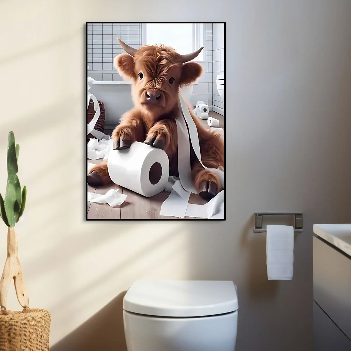 Modern Scottish Highland Cow Canvas Prints Cute Country Animal Wall Art Posters for Bathroom Living Room Farmhouse Decor Cuadros