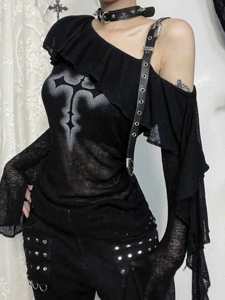 Deeptown Black Gothic Graphic T-Shirts Women Y2k Grunge Punk Off Shoulder Tees Sexy See Through Tops Vintage Flared Sleeve Tees