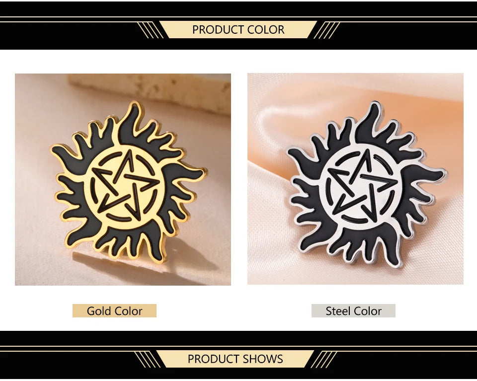 Dawapara Supernatural Anti Possession Symbol Brooch Pins Sunshine Pentagram Protection Amulet Stainless Steel Jewelry
