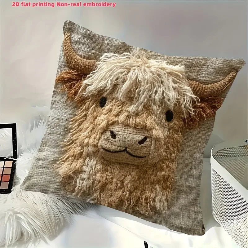 Cute Highland Cow Design 2D Flat-Printed Pillow Cover for Home Decor Sofa cushion cover, home decoration, 2D printing