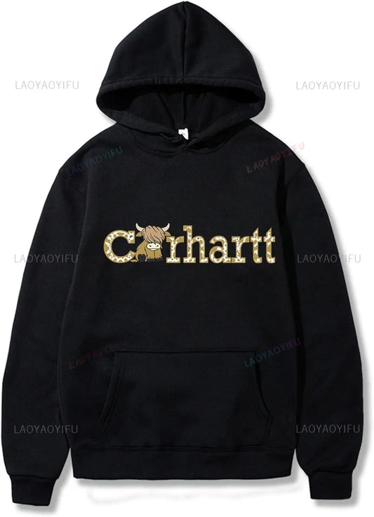 Cozy Women's Cow Print Hoodie - Western Highland Cattle Long Sleeve Pullover Top  Hoodie Essentials Hoodie