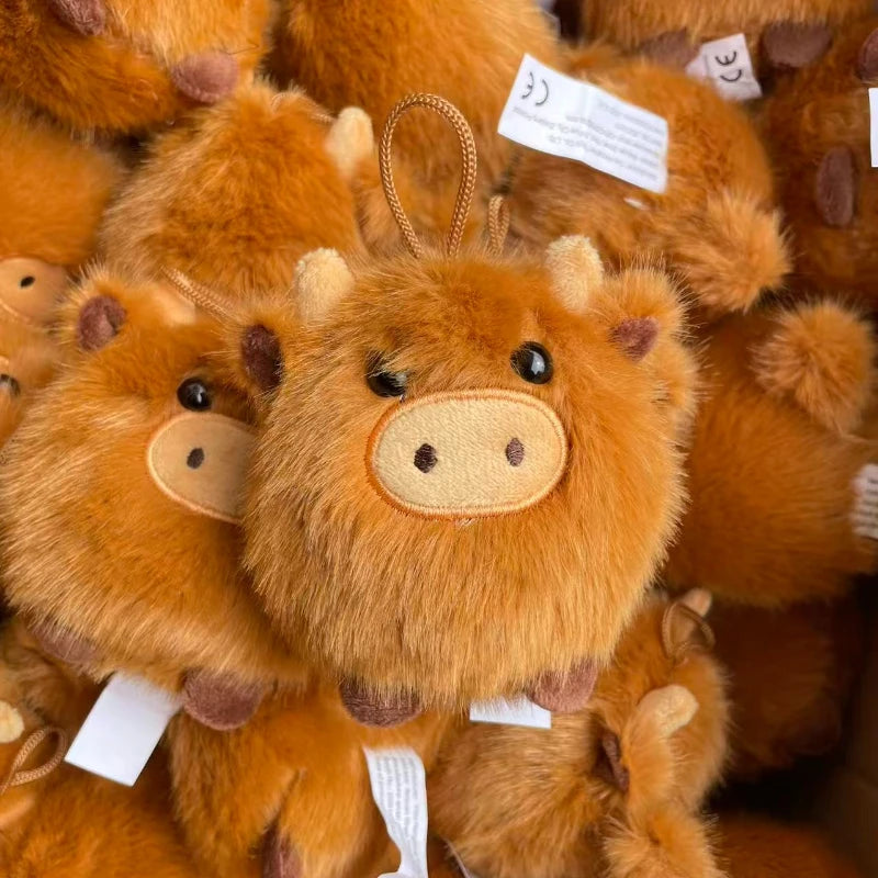 Kawaii Highland Cow Plush Pillow PP Bull Keychain Super Soft Stuffed Animal Car Ornament Cute Fur Plushie Pendant Birthday Gift