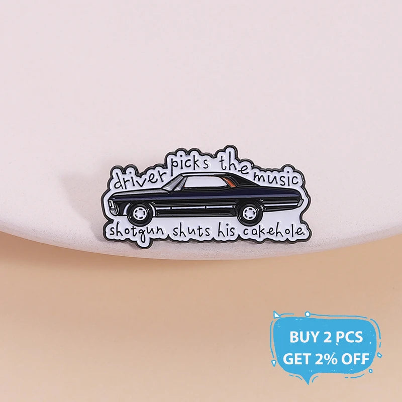 Supernatural TV Show Enamel Pin Driver Picks the Music Gun Shuts His Cakehole Metal Brooch Lapel Badge Jewelry Gift For Friends
