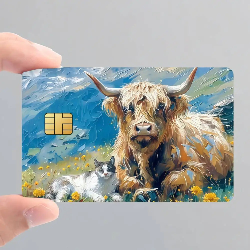 Cute Highland Cow Bank Credit Cards Bus Pass Stickers Cool Decoration Waterproof 4PCS Card
