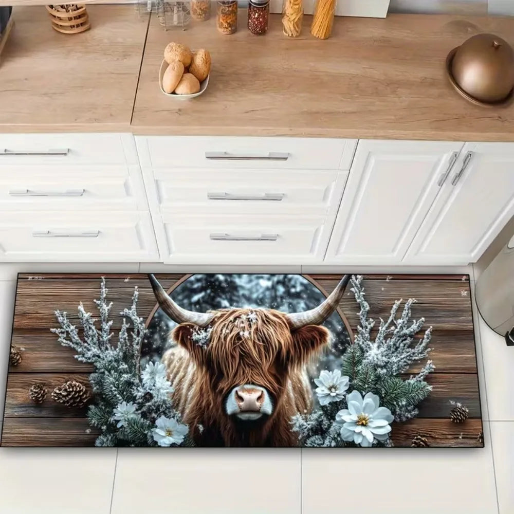 Highland Cows and Flowers Pattern Mat Non-Slip Kitchen Mat, Fashionable Home Decor for Living Rooms, Bedrooms, Hallway Entrances