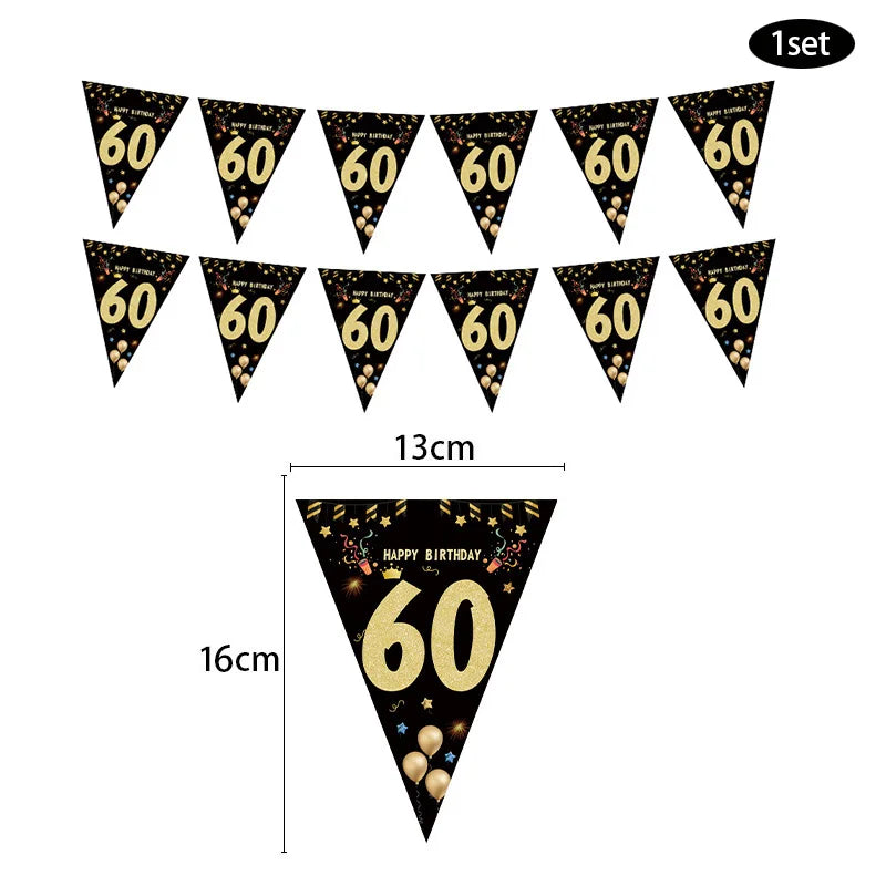 Black Gold 18 21 30 40 50 60 Year Happy Birthday Paper Banner Birthday Party Decorations Adult Anniversary Flags Backdrop Decor