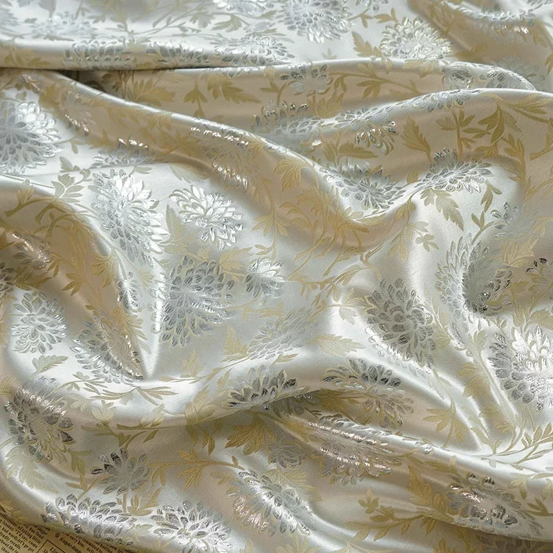Luxury Style Silver Silk Elegant Yarn Dyed Jacquard Fabric Soft Drape Dress Bag Diy Sewing Fabric By Half Meter
