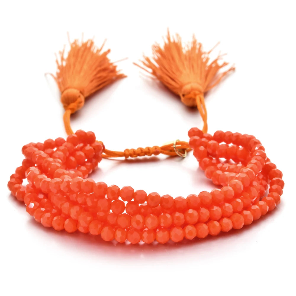 ZMZY Pink Boho Handmade Crystal Bead Bracelets Elastic Glass Beaded Layered Stacked Bracelet Tassel Jewelry Friends Gift