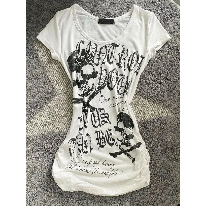 Gothic T-shirts Women Vintage Punk Y2k Crop Tops Punk Skull Black Hot Girl Tshirt Short Sleeve Fashion Street Tees Sxey Vintage