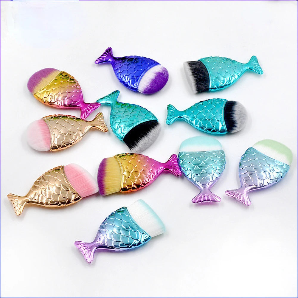 Mermaid Makeup Brush Professional Face Blush Brush Foundation Cosmetic Brush Fish Makeup Tools Kit Powder Nail Art Cleaning Tool