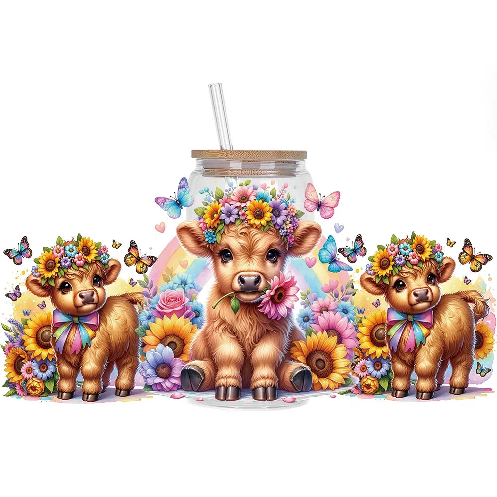 Highland Cattle Baby 16oz UV DTF Sticker Cup Personalize UV Wrap Label DIY Logo Self Adhesive Cow Design 3D Transfer Sticker