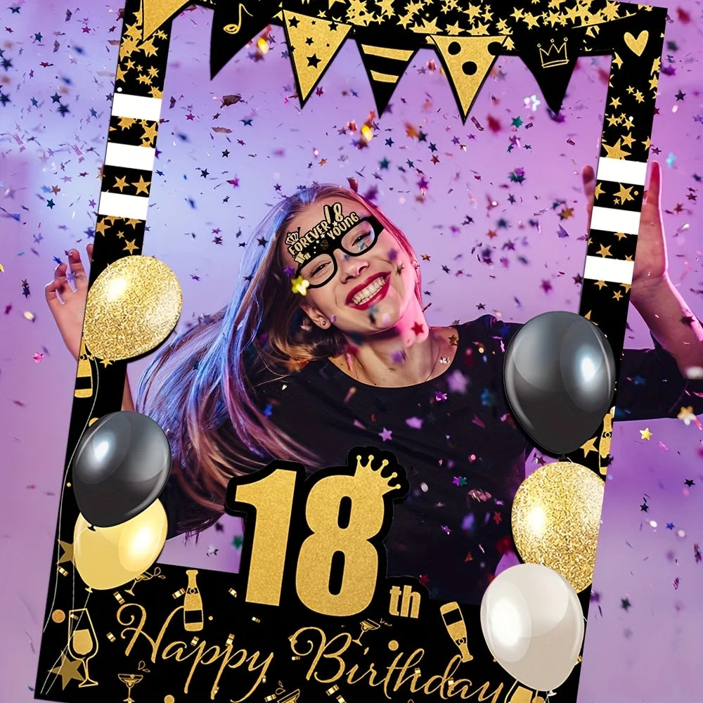 Black Gold Happy Birthday Photo Booth - 18, 21, 30, 40, 50, 60 years old. Party decoration supplies for people aged 70 and 80