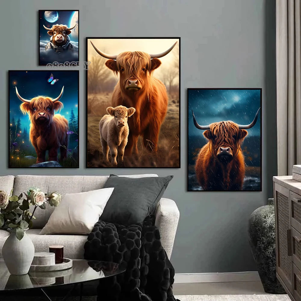 Cute Highland Cows Canvas Print Posters Nature Highland Cow Cattle Canvas Painting Wall Art Pictures for Living Room Home Decor