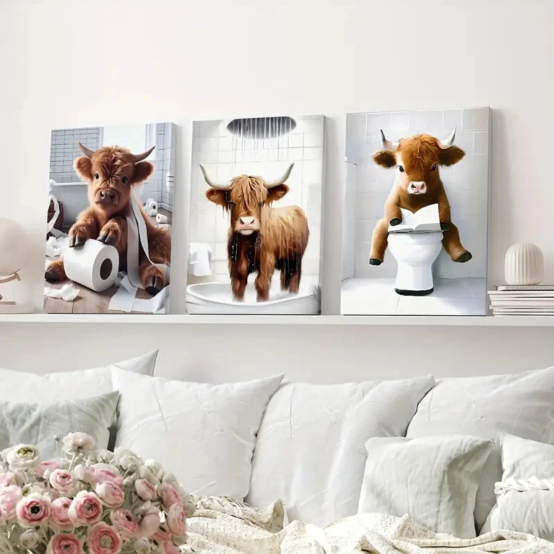 Modern Scottish Highland Cow Canvas Prints Cute Country Animal Wall Art Posters for Bathroom Living Room Farmhouse Decor Cuadros