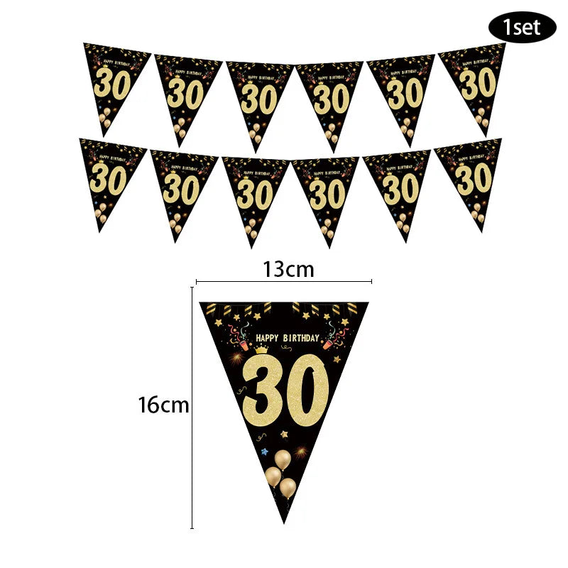 Black Gold 18 21 30 40 50 60 Year Happy Birthday Paper Banner Birthday Party Decorations Adult Anniversary Flags Backdrop Decor