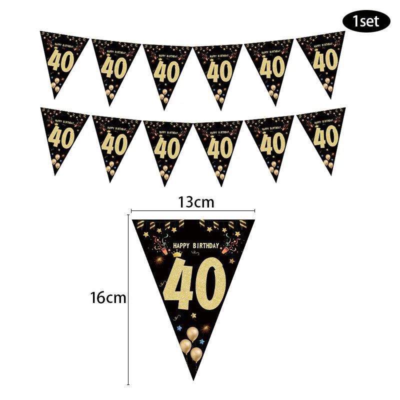 Black Gold 18 21 30 40 50 60 Year Happy Birthday Paper Banner Birthday Party Decorations Adult Anniversary Flags Backdrop Decor