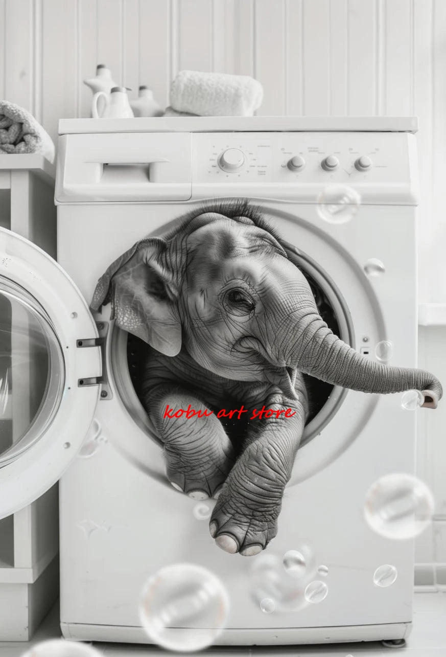Bear Highland Cow Giraffe Animal in Washing Machine Poster Canvas Printing Wall Art Picture Fun Laundry Room Utility Room Decor
