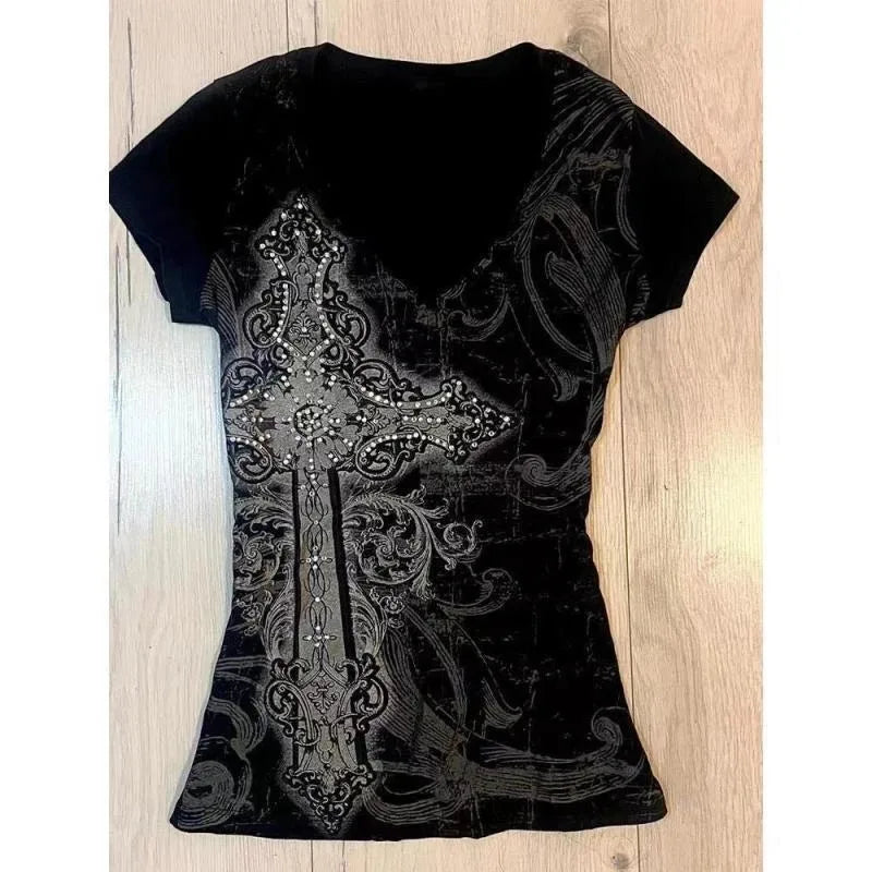Gothic T-shirts Women Vintage Punk Y2k Crop Tops Punk Skull Black Hot Girl Tshirt Short Sleeve Fashion Street Tees Sxey Vintage