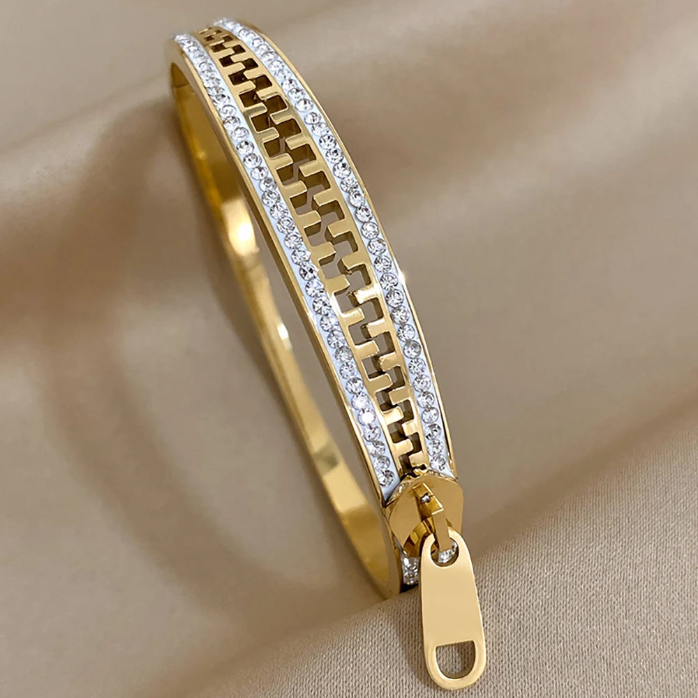 AENSOA Luxurious Zipper Style Stainless Steel Waterproof Rust Resistant Bracelets Inlaid Rhinestone Gold Plated Bracelet Bangles