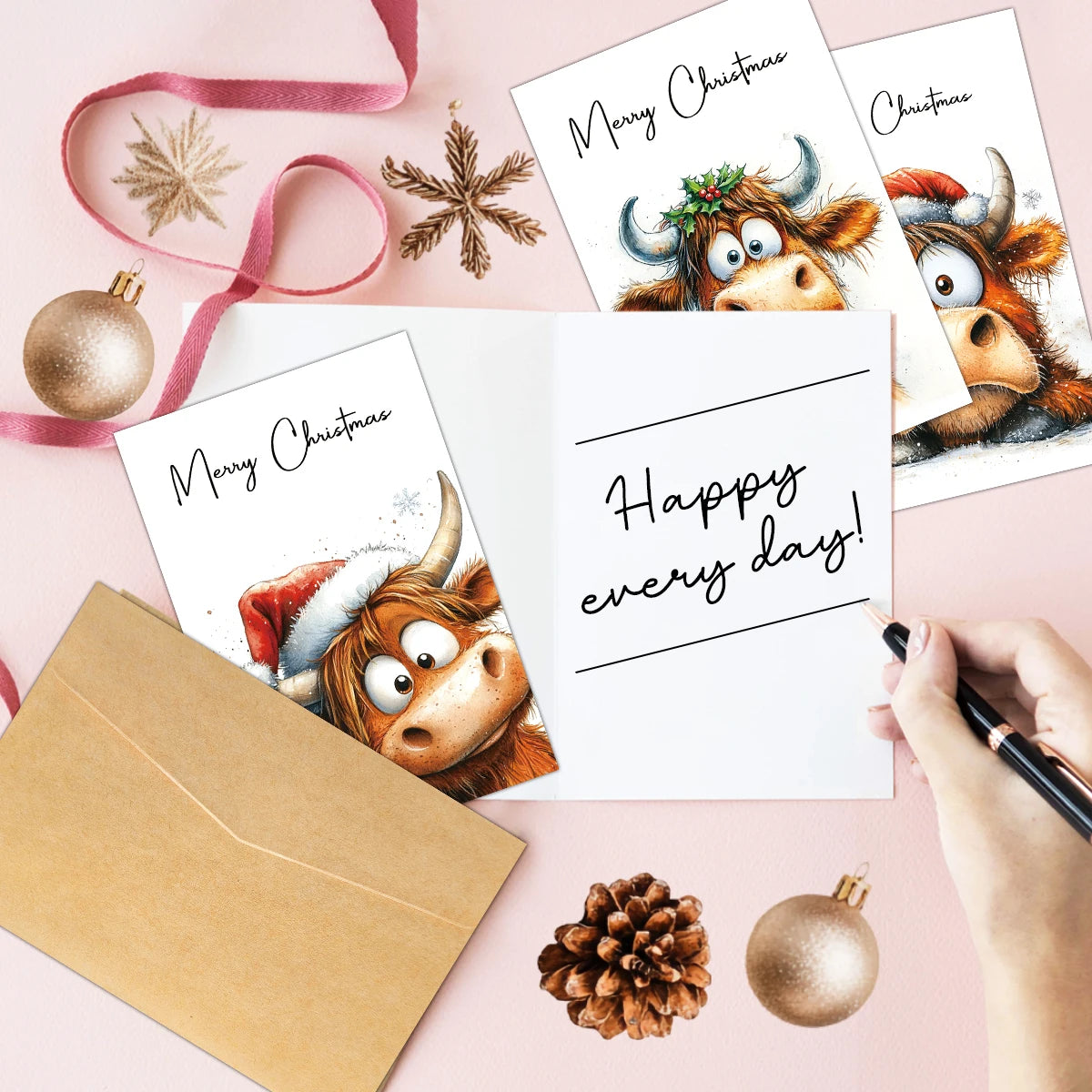 12pcs Christmas Adorable Highland Cow Greeting Cards With Envelope-For Xmas Card Exchanges,Family Gatherings,Office Parties Gift