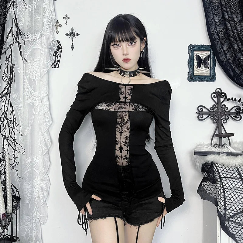 Gothic T-shirt for Women Sexy Hollow Out Mesh Cross Half Turtleneck Black Slim Soft Velvet Long Sleeve  Crop Tops