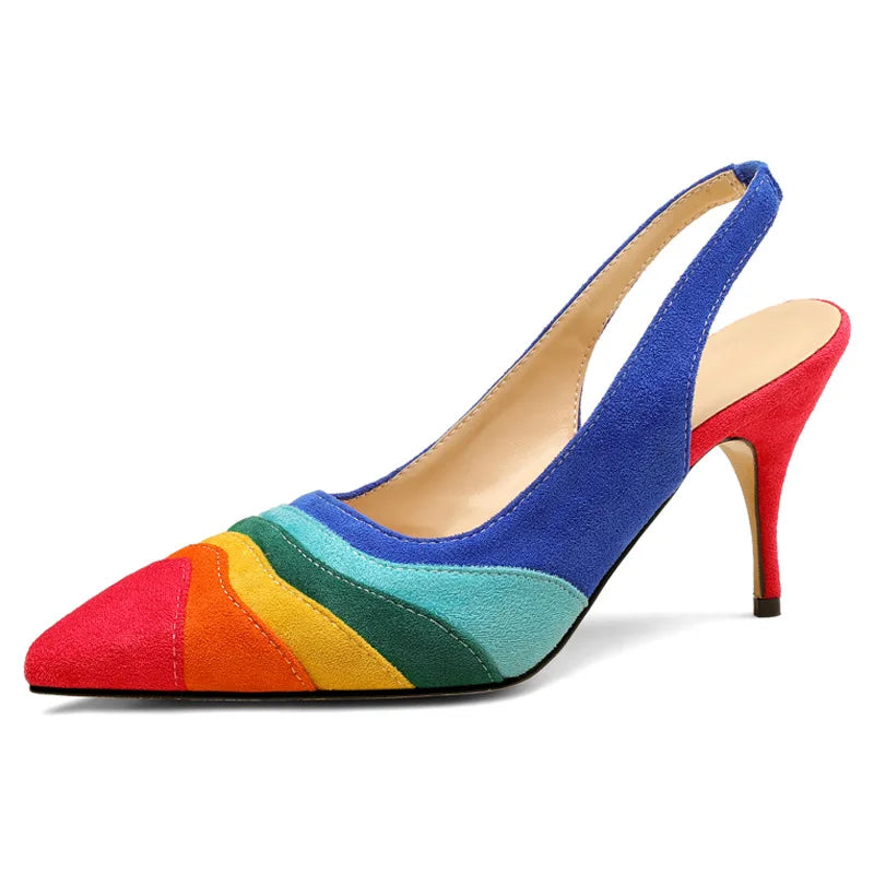 Summer New Rainbow Mixed Color 8cm High Heel Sandals  Women's French Pointed Shallow Mouth Runway Banquet Wedding Shoes size 43