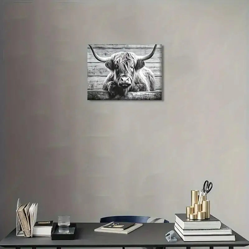 Cute Highland Cow Wall Art Pasture Hairy Cow Animal Pictures Canvas Prints Vintage Wooden Panel Background Black And White Cow