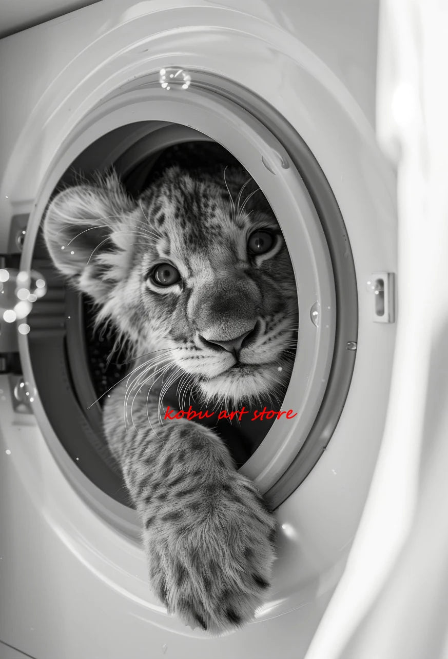 Bear Highland Cow Giraffe Animal in Washing Machine Poster Canvas Printing Wall Art Picture Fun Laundry Room Utility Room Decor