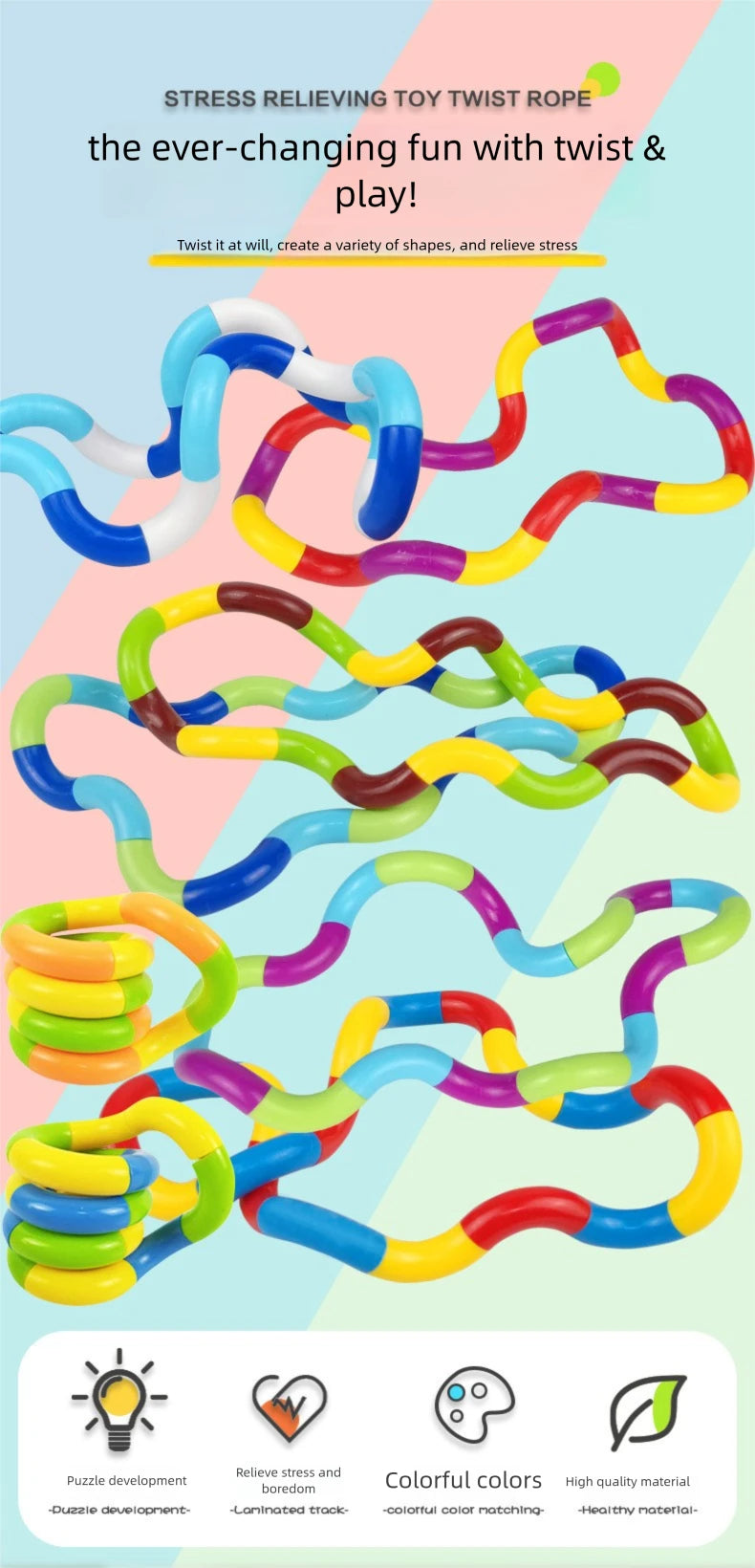 1/3/5pcs Deformable Rope Crystal Twist Rope Pressure Stress Relief Toys Rrainbow Color Deformation Rope Knot Anti Stress Toys