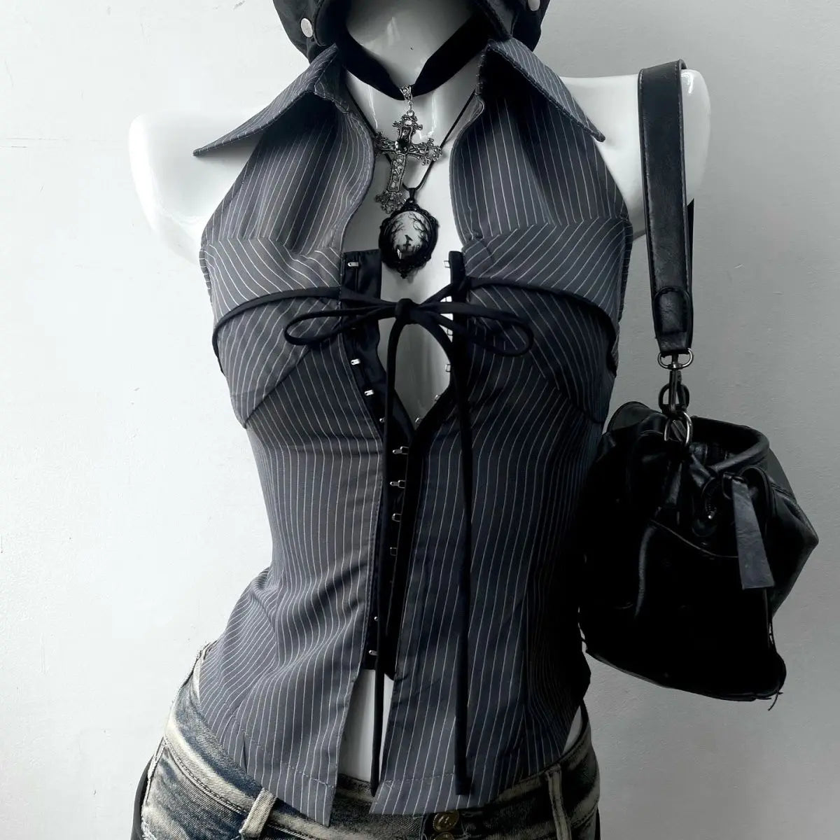 Women Vintage T-shirt Streetwear 90s Slim Sexy Goth Y2k Clothes Aesthetic Harajuku High Street Stripe Laceup Summer Grunge Tee