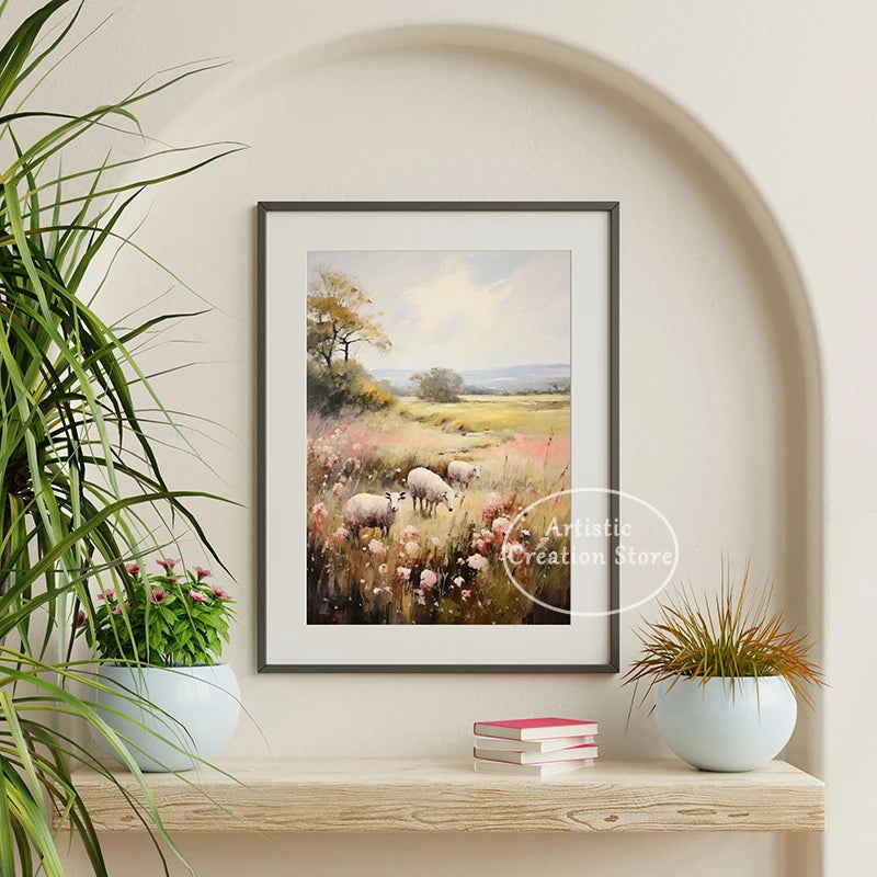 Countryside Highland Sheep Poster Modern Farmhouse Wall Art Pink Sheep Animals Print Canvas Painting Wall Living Room Home Decor