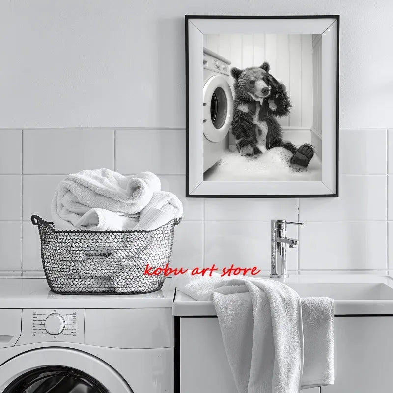 Bear Highland Cow Giraffe Animal in Washing Machine Poster Canvas Printing Wall Art Picture Fun Laundry Room Utility Room Decor