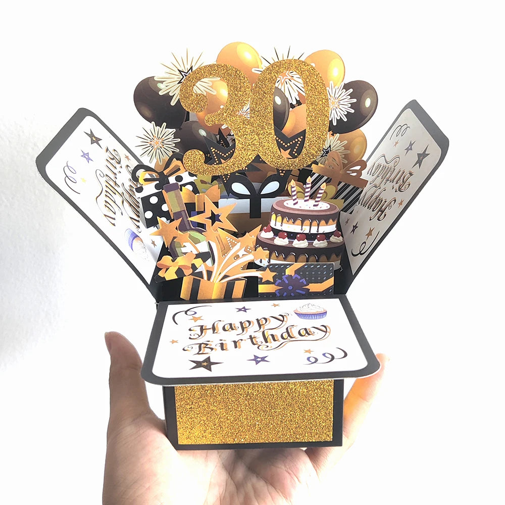 Black Golden Happy Birthday Pop Up Card 18th/30th/40th/50th/60th Birthday Card With Note Envelope Adult Birthday Gifts Greeting