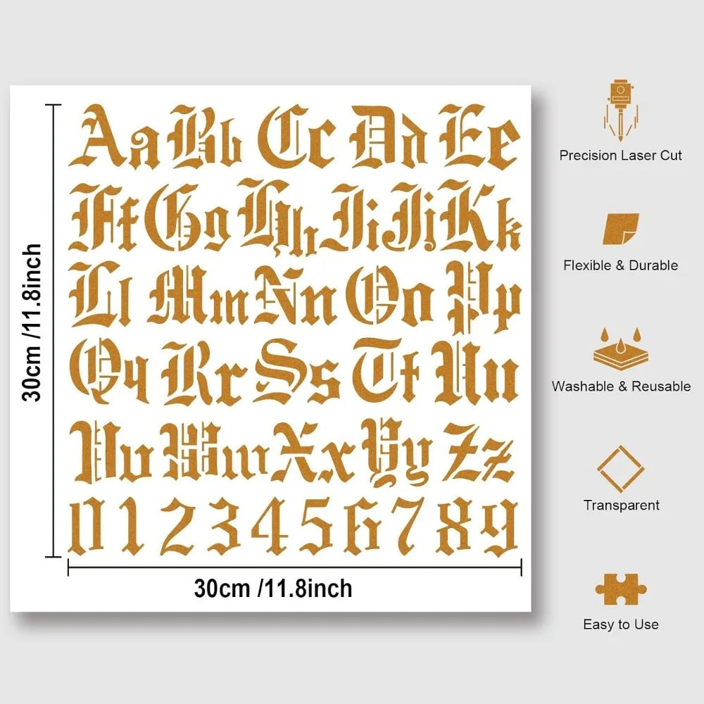 Gothic A to Z Alphabet Numbers Stencil, 11.81x11.81" Hollow Out Drawing Painting Template Reusable DIY Art and Craft Stencils
