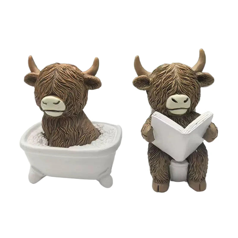 Cute Scottish Highland Cow Resin Figurines Funny Bathing & Reading Cow Statue Desk Decor For Home Bathroom Office Holiday Gift