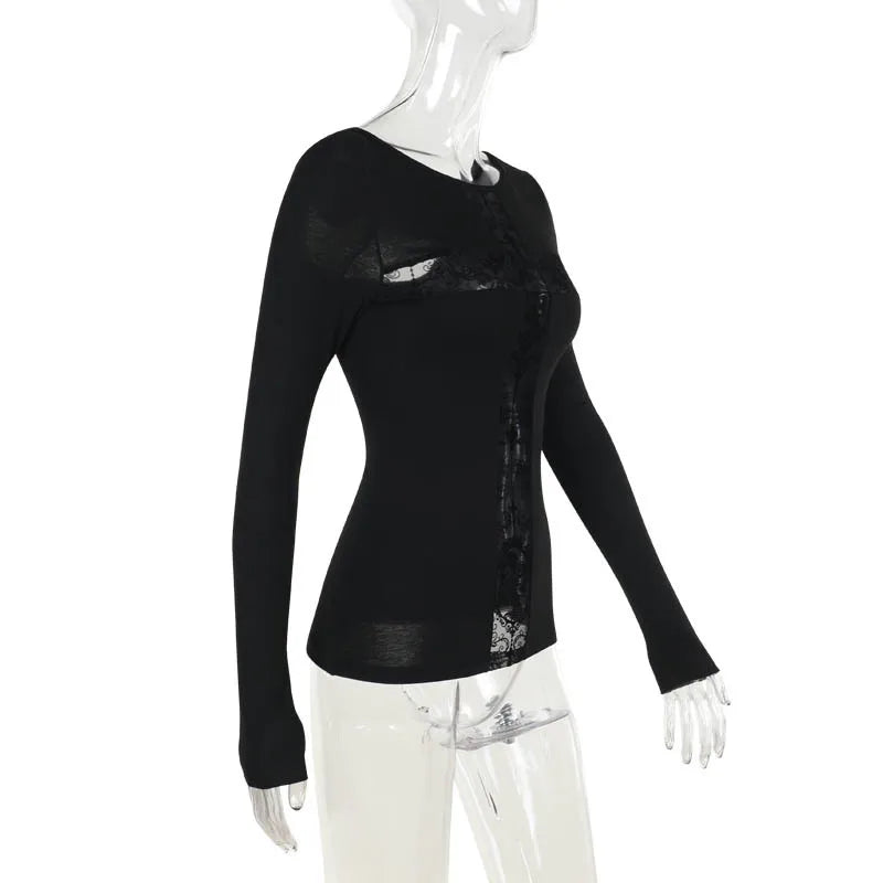 Gothic T-shirt for Women Sexy Hollow Out Mesh Cross Half Turtleneck Black Slim Soft Velvet Long Sleeve  Crop Tops