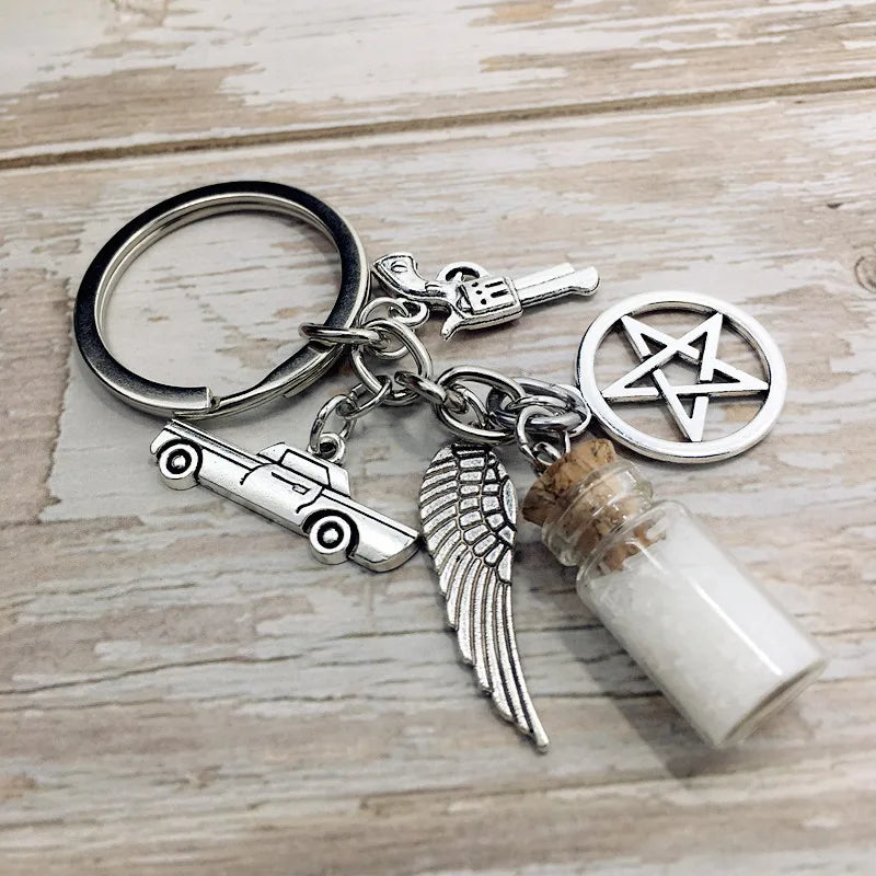 Supernatural Evil Power SPN Salt Bottle Gun Wings Pentagram Key Chain
