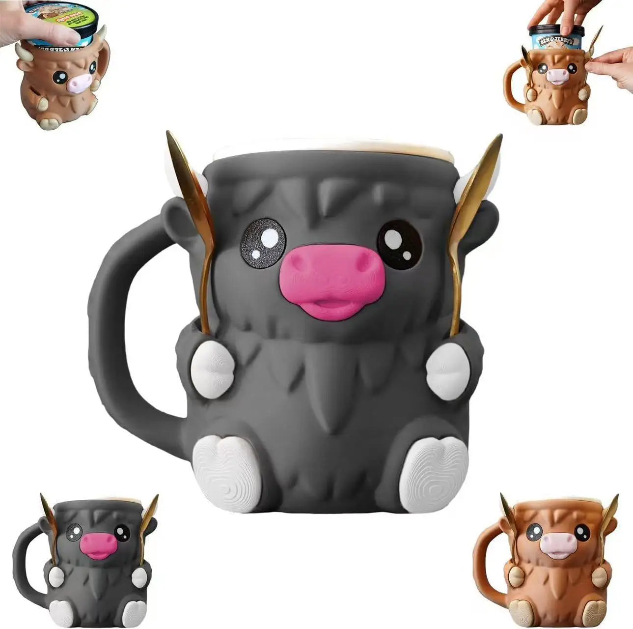 Cute Highland Cow Tumbler with Handle Reusable Ice Cream Cup for Snack Yogurt Kids Home Kitchen Dining Birthday Gifts Drinkware