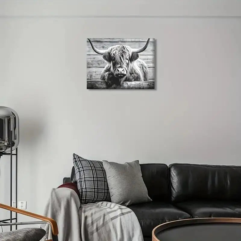 Cute Highland Cow Wall Art Pasture Hairy Cow Animal Pictures Canvas Prints Vintage Wooden Panel Background Black And White Cow