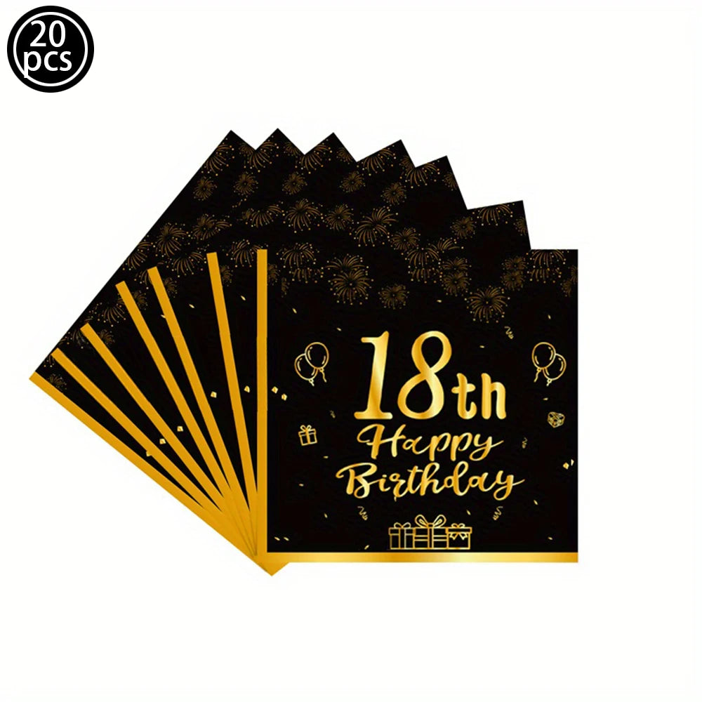 18th Birthday Decors for Boys Girls Black Gold Party Banner Balloon Tablecloth Plate Cup Napkin 18 Years Birthday Party Supplies