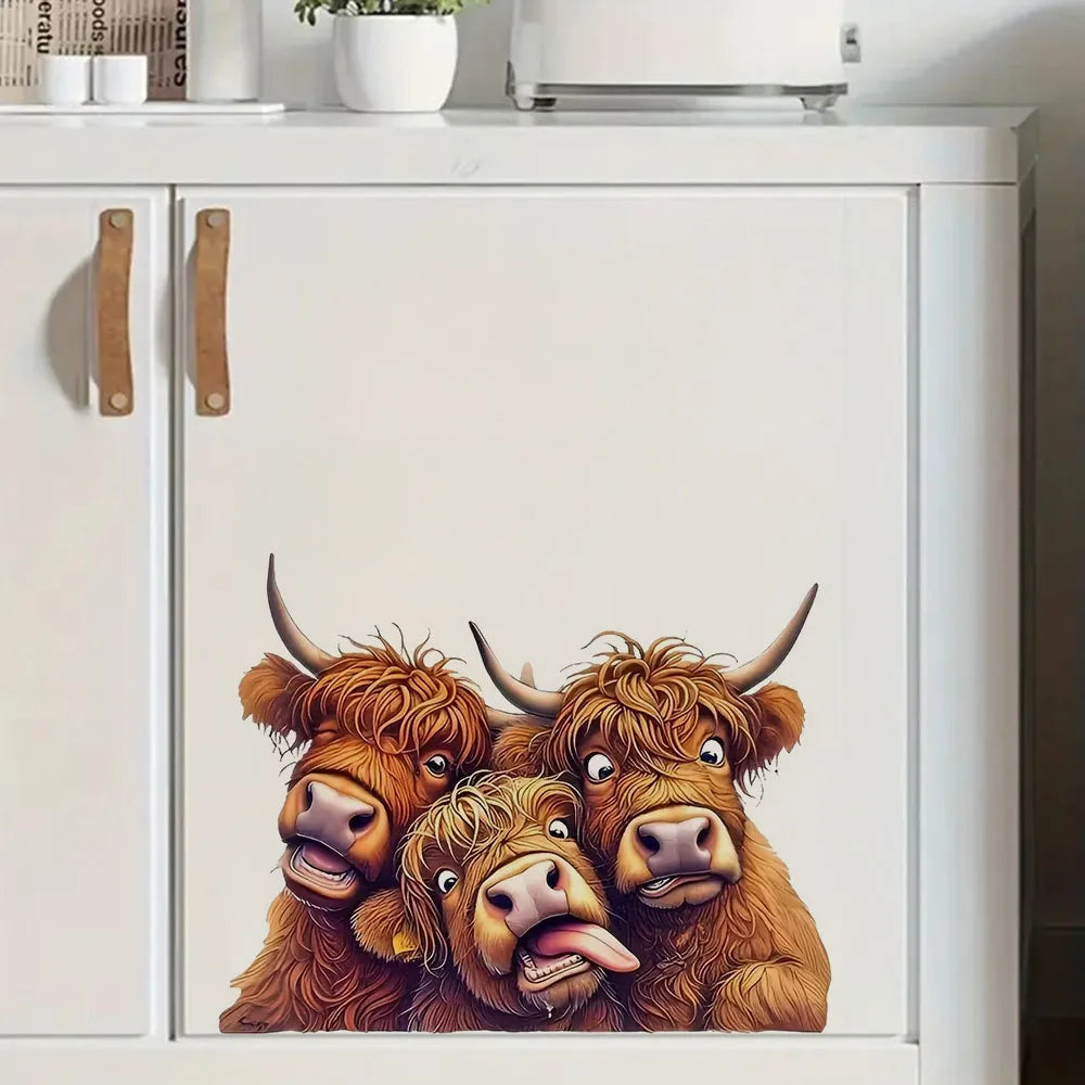 Three Fun and Cute Scottish Highland Cow Vinyl Stickers, Bright Wall for Home, Cabinet, Door,Refrigerator Decoration, Vinyl Car