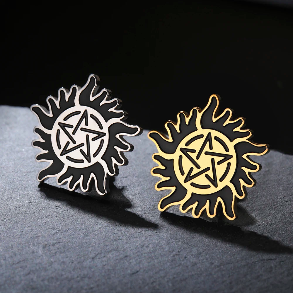 Dawapara Supernatural Anti Possession Symbol Brooch Pins Sunshine Pentagram Protection Amulet Stainless Steel Jewelry
