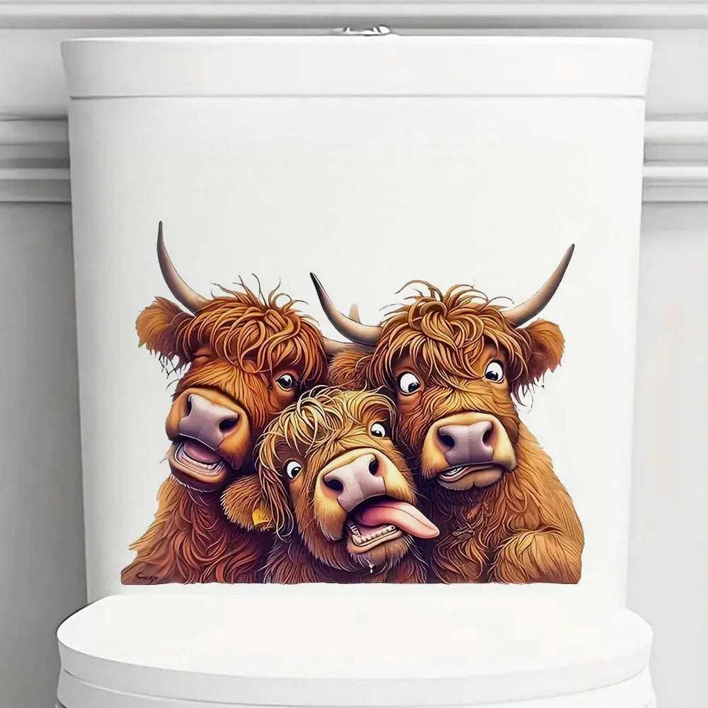 Three Fun and Cute Scottish Highland Cow Vinyl Stickers, Bright Wall for Home, Cabinet, Door,Refrigerator Decoration, Vinyl Car